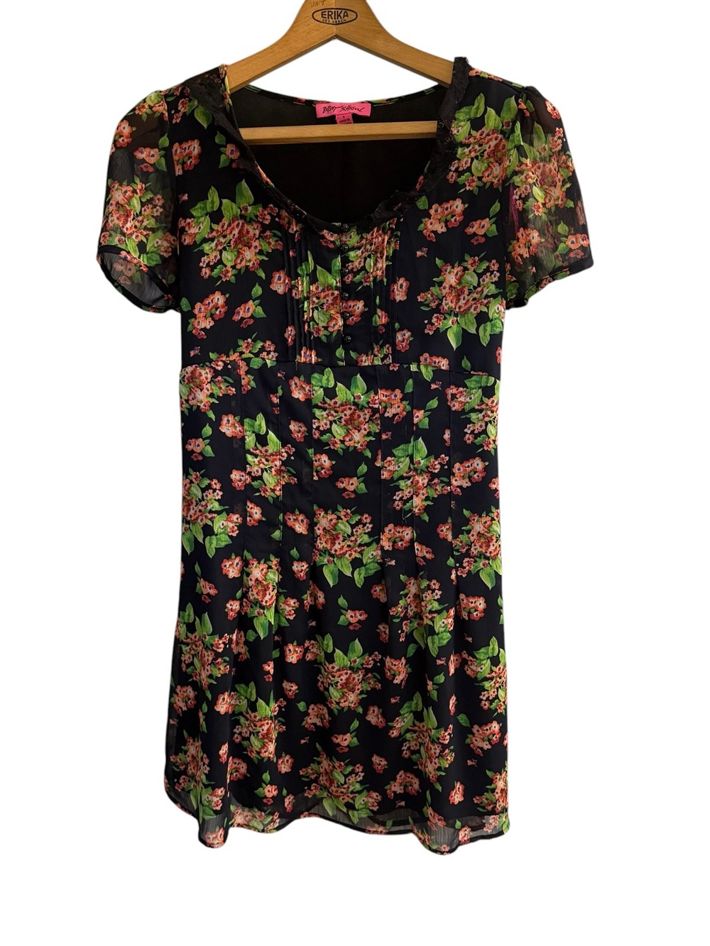 BETSEY JOHNSON Women's Floral Dress, Short Sleeve, Black Multicolor, Sz. 6